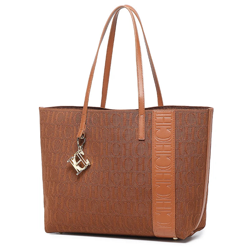 CH Fashion Women's Large Capacity Tote Bag Monogram Embossed Handbag with Metal Daily Commute Work Shoulder Bag