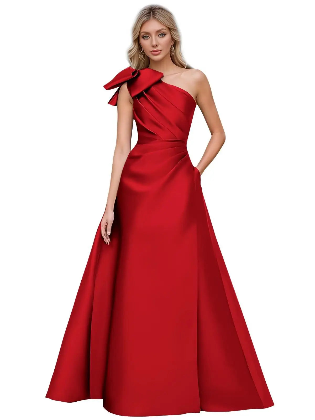 Women’s One Shoulder Prom Dresses Satin Mother of The Bride Dresses A Line Modest Formal Evening Gown with Bow