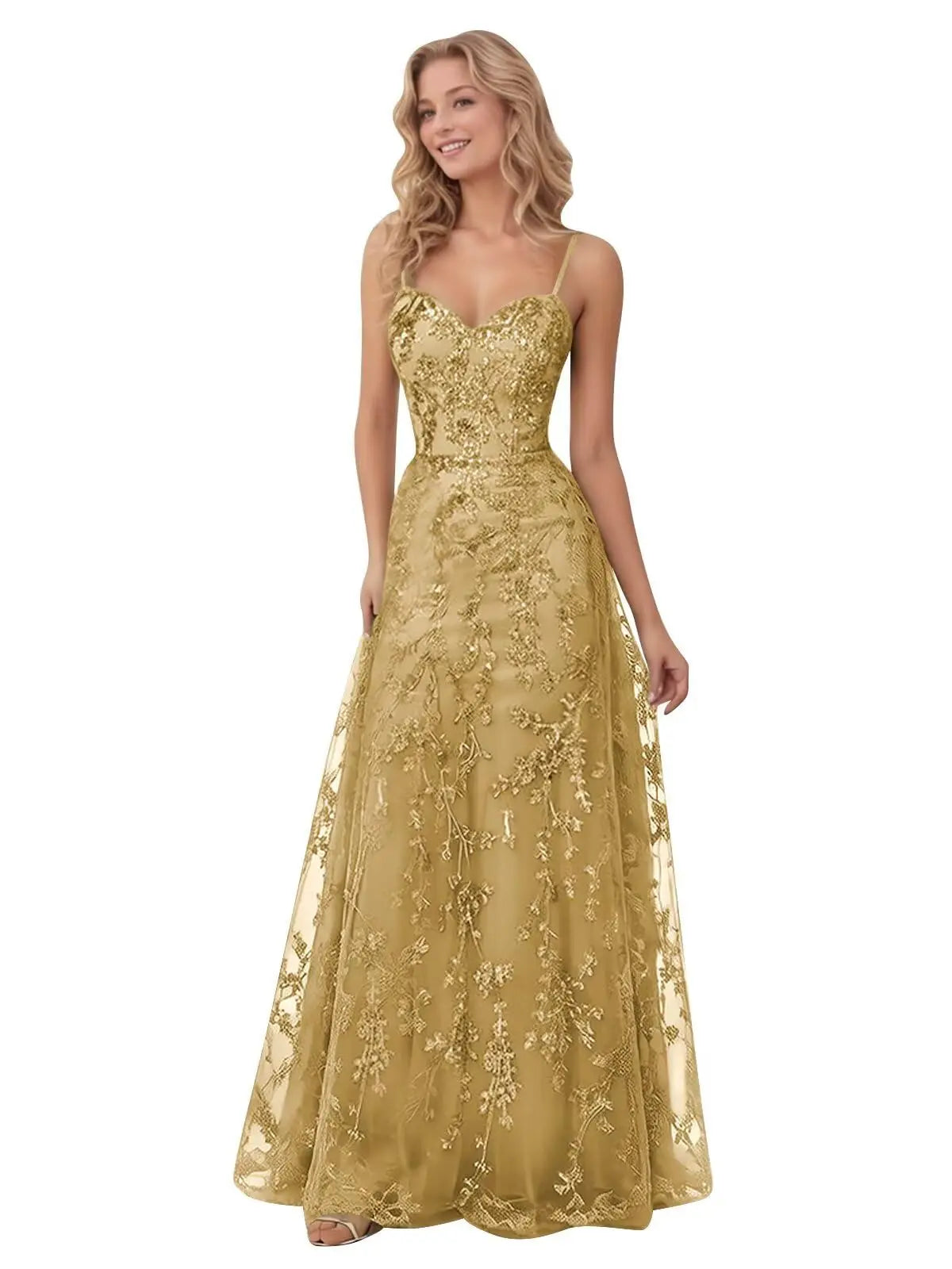 Tulle Formal Dress Laces Spaghetti Strap Sparkly Prom Dress for Women Long Evening Party Gown Formal Dress Women Elegant
