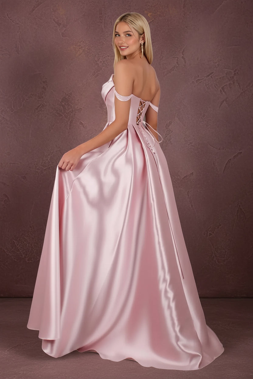 Satin Prom Dress for Women Off The Shoulder Formal Evening Dresses with Slit Sweetheart Ball Gown