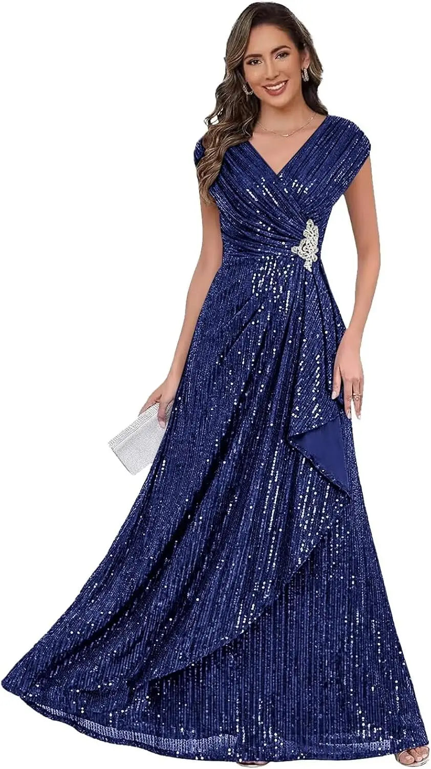 Sparkly Sequin A Line Mother of The Bride Dresses for Women Ruffles Long Formal Dress V Neck Evening Party Gown Dress