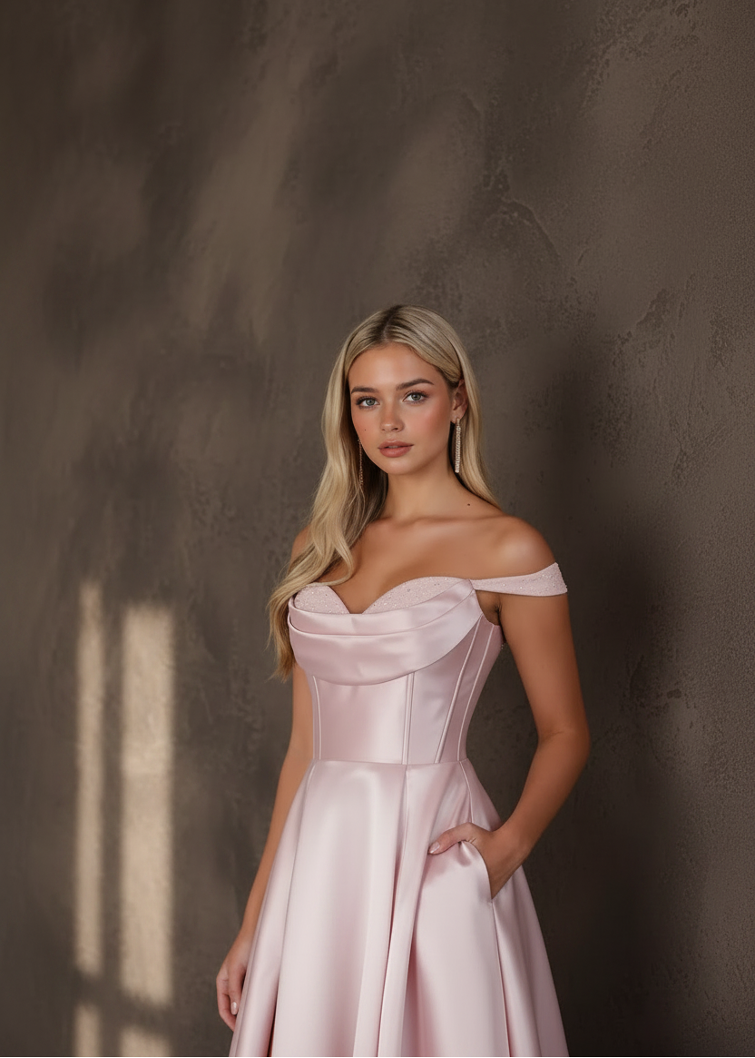 Satin Prom Dress for Women Off The Shoulder Formal Evening Dresses with Slit Sweetheart Ball Gown
