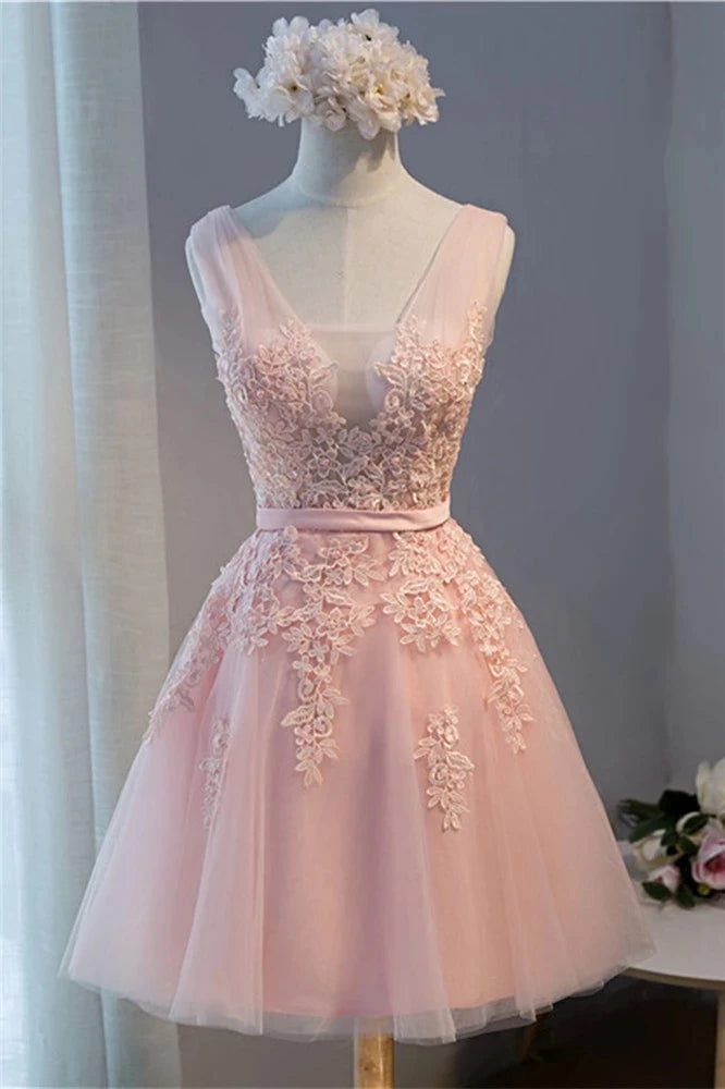 BABYONLINE Burgundy Bridesmaid Dresses with Lace Appliqué, V-Back & Flowy Tulle Skirt for Weddings,Elegant Short Party Dress