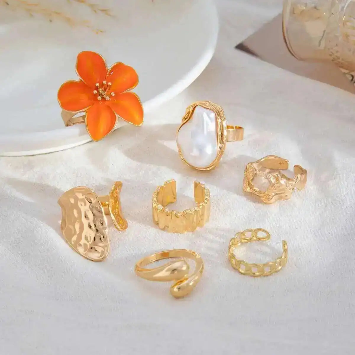 KunJoe 7Pcs/Set Imitation Pearl White Flower Open Ring for Women Trendy Geometry Water Drop Adjustable Finger Ring Jewelry Gift