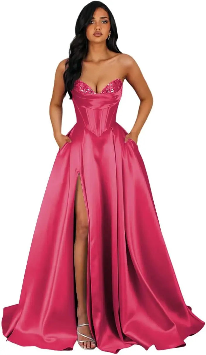 Strapless Sequin Prom Dresses Long with Slit Satin Formal Party Dress