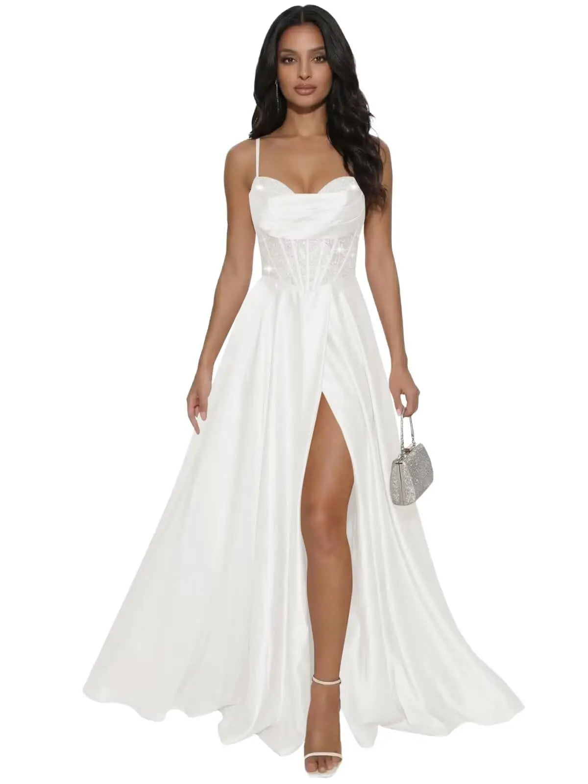 Pleated Satin A Line Prom Dresses for Women Spaghetti Straps Sequin Corset Formal Dress with Slit Formal Dress Women Elegant
