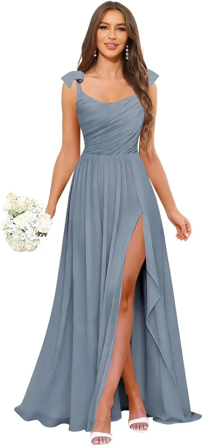 Square Neck Bridesmaid Dress with Ruffle Slit Chiffon Spaghetti Straps Ruched Bust Long Formal Prom Wedding Guest Gown