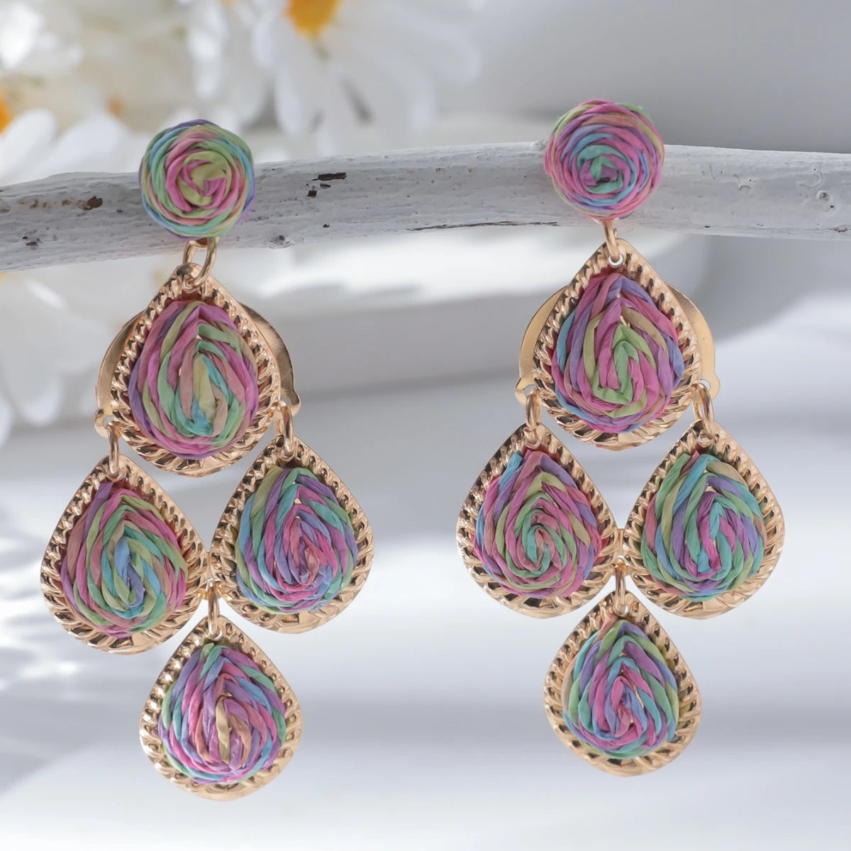 Women's Bohemian Fashion Handmade Water Drop Long Earrings Colorful Rattan Knit Raffia Hanging Party Jewelry Accessory
