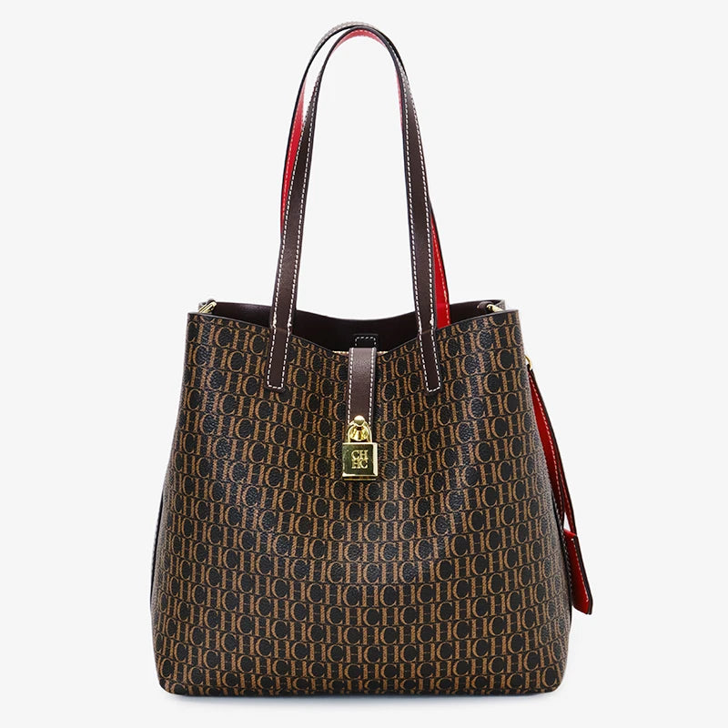CH Women's Shoulder Bag Simple Large Capacity Letters Print Design Small Metal Accessories Daily Commuter Tote Bag Pure Color