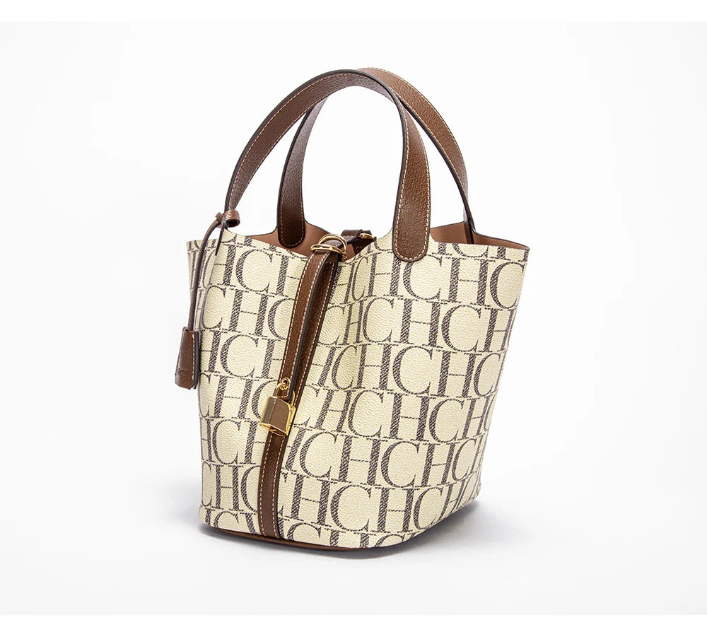 CH Tote Bag For Women Luxury Monogram Leather Handbag Fashion Top Handle Bag Elegant Lock Bucket Bag For Daily Commute