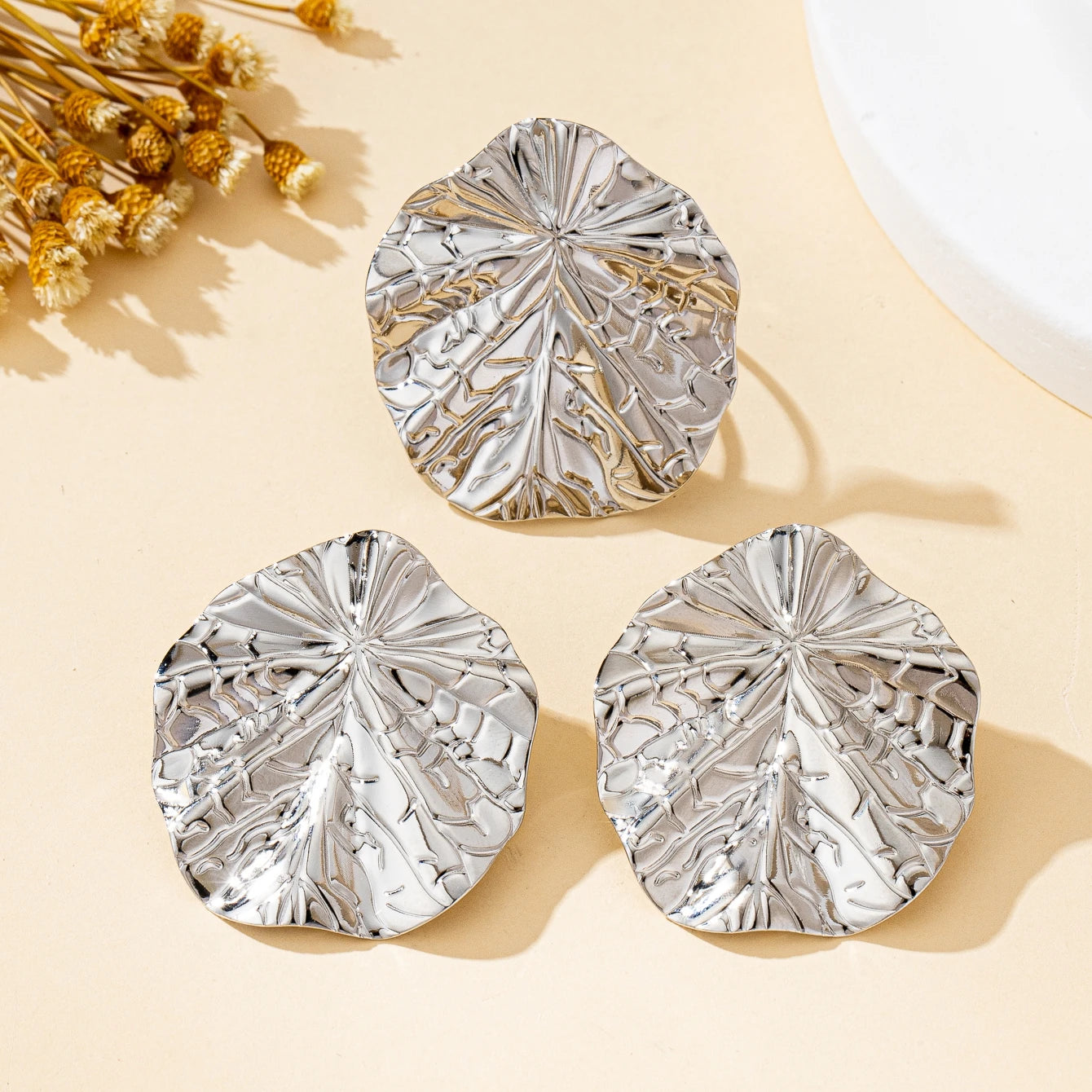 Irregular Round Hammered Pattern Earrings and Ring Set