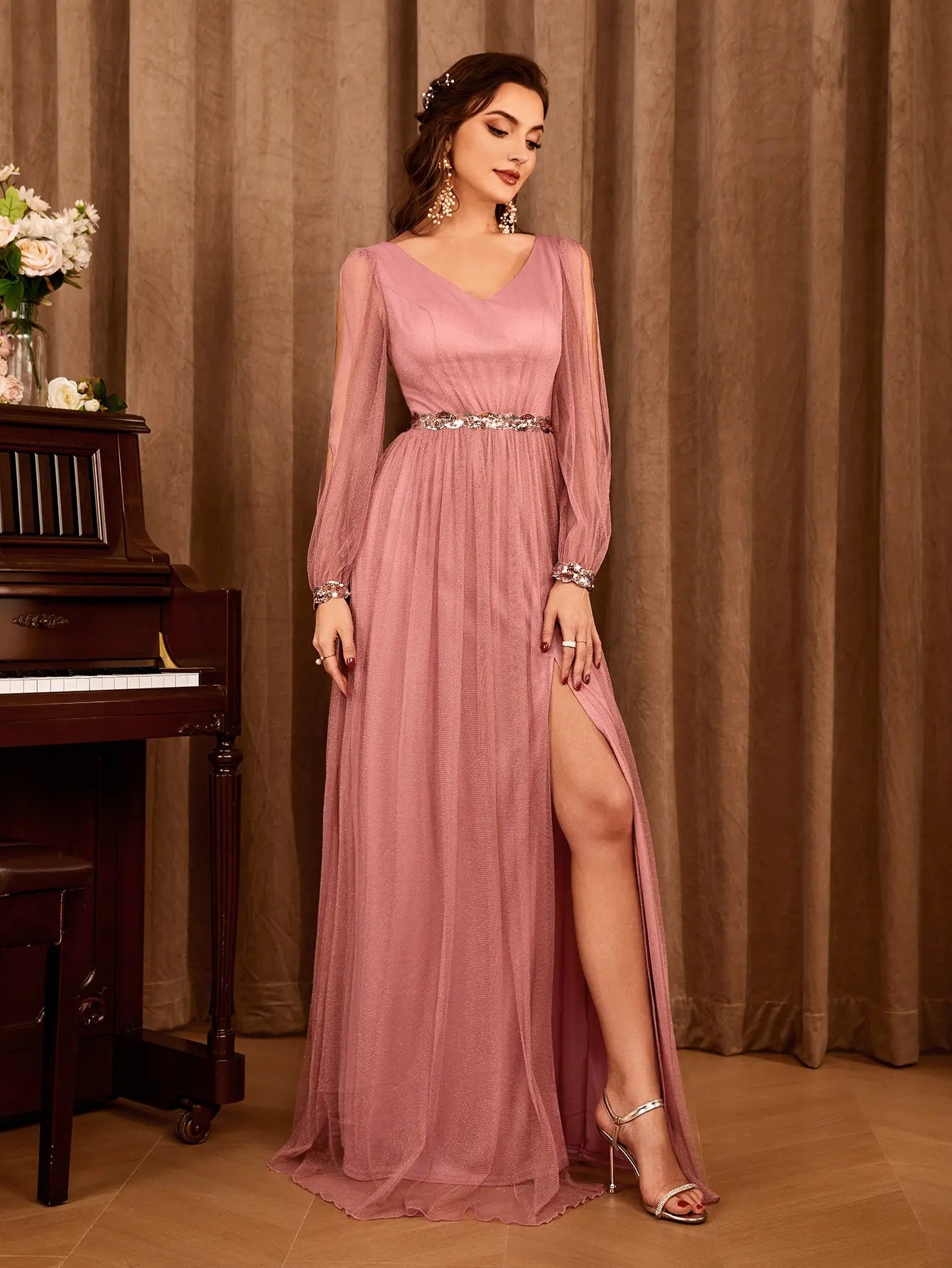 Mgiacy V-neck gauze applique slit elegant Evening gown Ball dress Party dress Bridesmaid dress