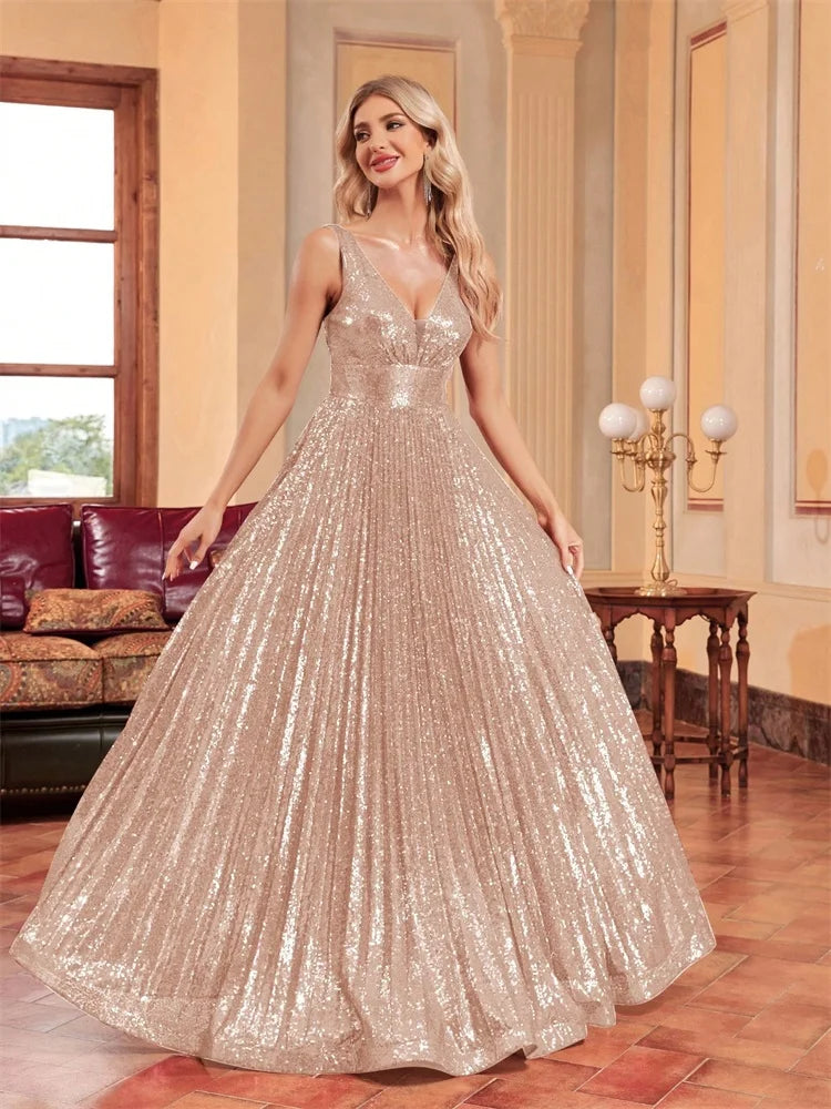 Luxury V-Neck Sleeveless Formal Evening Dresses Women Sequins Wedding Party Prom Maxi Cocktail Gowns Vestidos