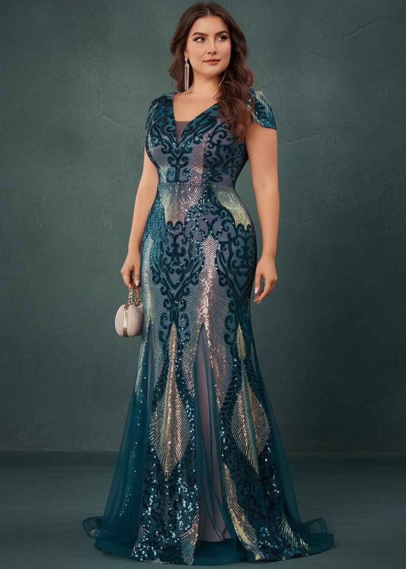 Plus Size Luxurious Short Sleeve Sequin Formal Evening Dress Women Elegant  Mermaid Party Cocktail Gown Special Event