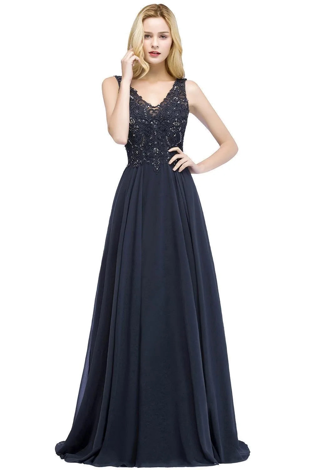 Navy Blue Chiffon Lace Beaded Evening Dresses V Neck Crystal Sleeveless Elegant Formal Party Prom Gowns Vestido De Fiesta Bride