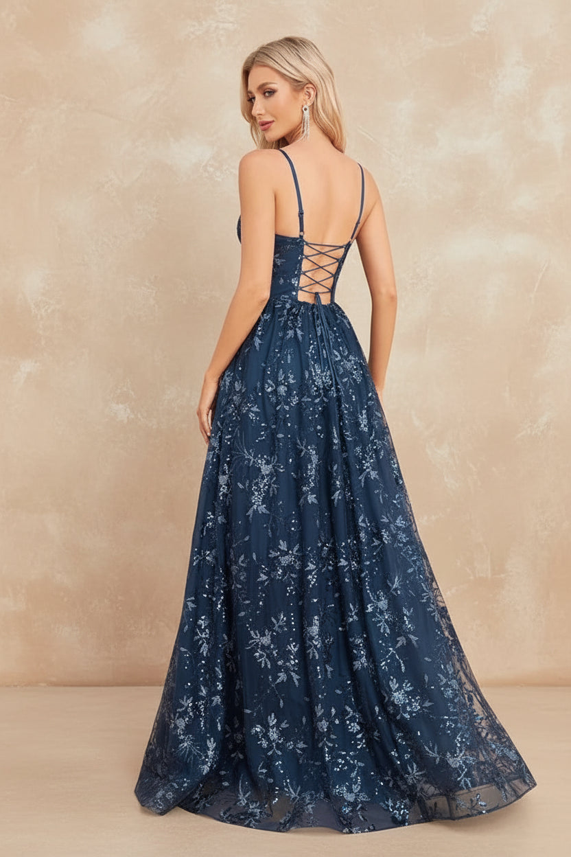 Elegant Sequins Sexy Backless Evening Dress For Women Deep V-neck Prom Party  Dress Floor Length Blue Formal Gowns