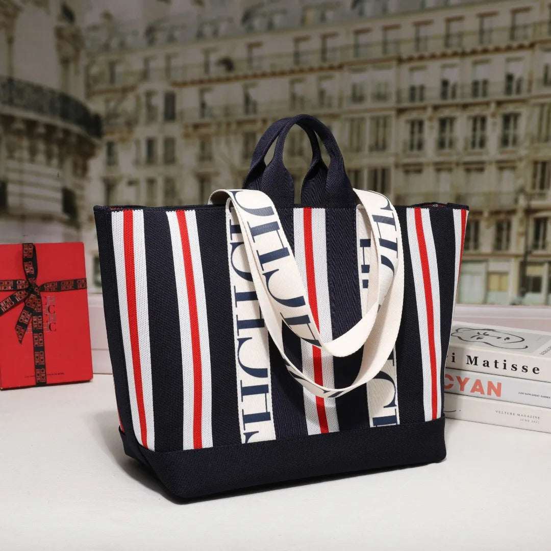 Women's Tote Bag Simple Stripe Design Women's Shoulder Bag Letter Print Large Capacity Commuter Style Classic Ladies Crossbod