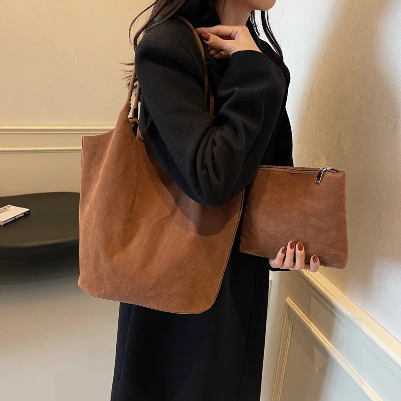 Retro Women's Suede Shoulder Bag New Solid Colors High Capacity Casual Tote Zippered Versatile Sewing Thread for Crafting