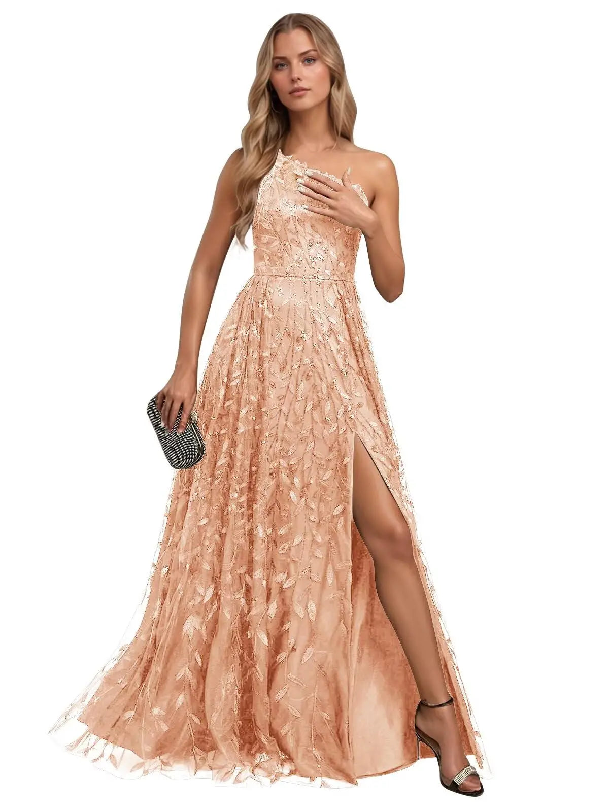 Lace Embroidered sequins Prom Dresses for Women One Shoulder Formal Party Dress Sleeveless Maxi Evening Gown with Slit