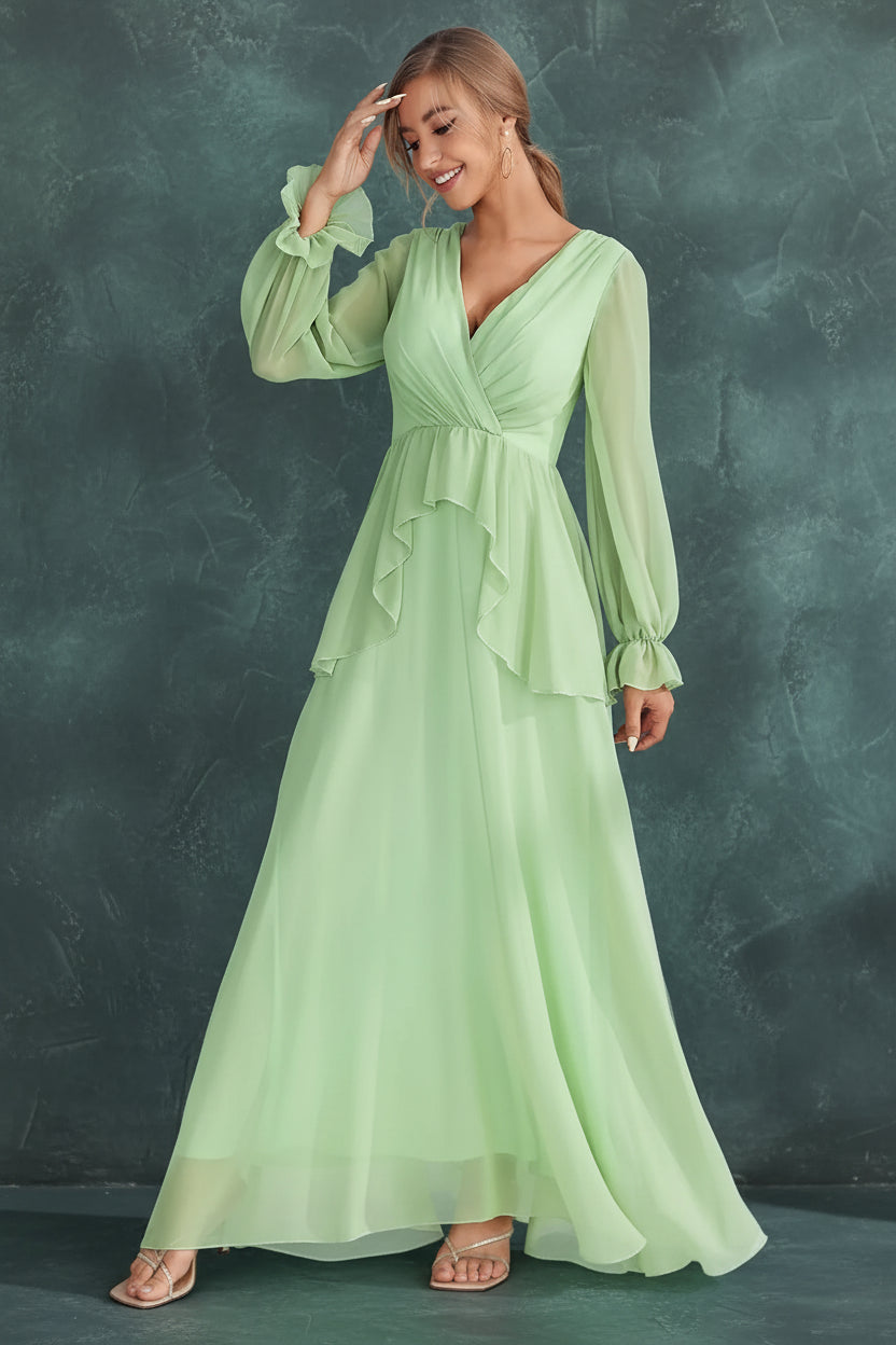 V-Neck Long Sleeve Chiffon Evening Dress