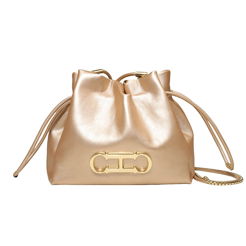 Elegant Drawstring Bucket Bag 2026 Shoulder Handbag with Gold CH Logo Versatile Chain Strap Crossbody Purse for Ladies