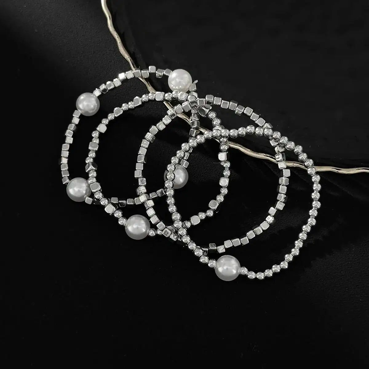 Salircon 4 Pcs/Set Bohemian Imitation Pearl CCB Beaded Bracelets for Women Vintage Handmade Stretch Bangle Couple Trendy Jewelry
