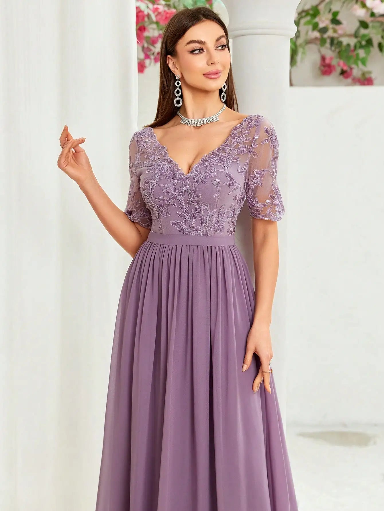 MgiacyV-neck embroidered lace cross irregular lace short sleeves splicing chiffon long skirt
