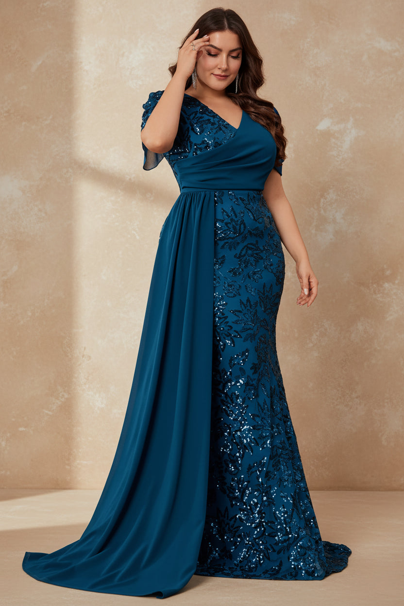 Plus Size Elegant V-neck Sequins Evening Dress Women Short Sleeves Mermaid Formal Luxury Party Streamer Prom Dress
