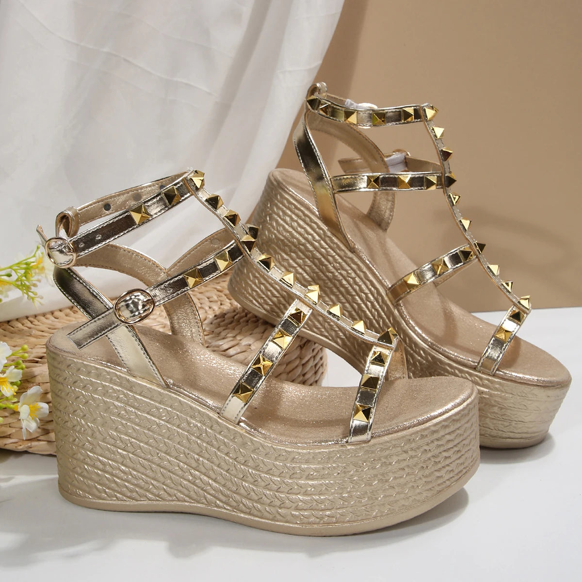 Gold Rivet Studded Wedge Sandals Ankle Strap Espadrille Platform Sole