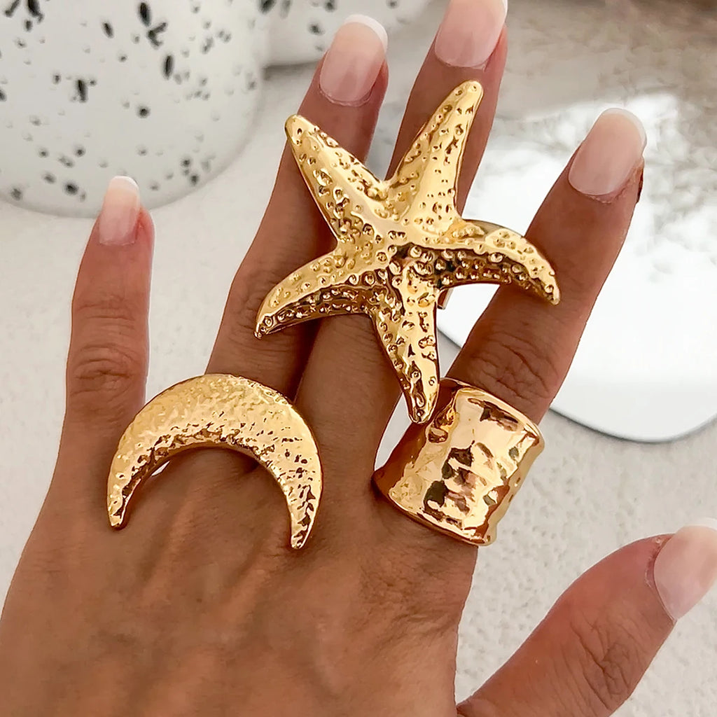 Salircon Exaggerated Vintage Big Starfish Moon Flower Ring for Women Trend Personality Metal Punk Party Finger Ring Jewelry
