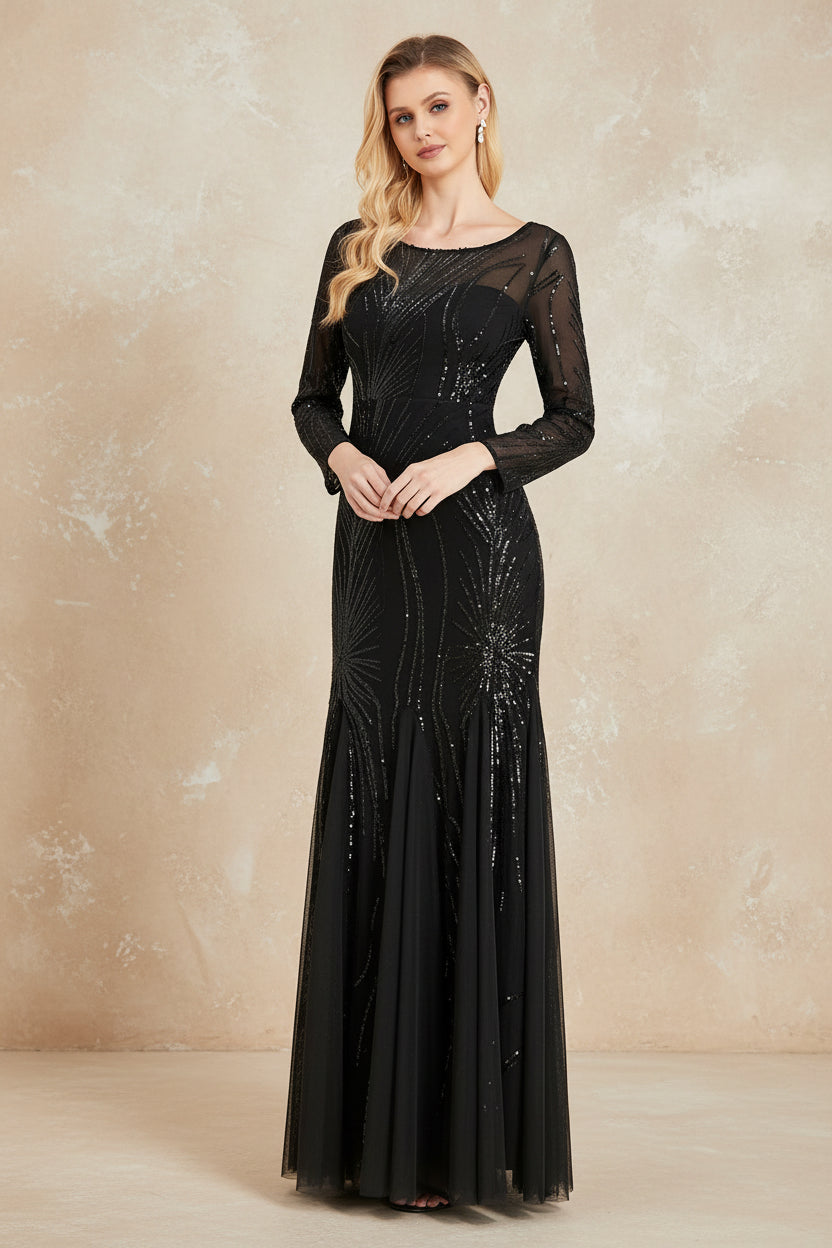 Elegant Long Sleeves Black Sequins Evening Dresses 2025 Women Mermaid Formal Party Maxi Prom Dress Cocktail Graduation Gowns