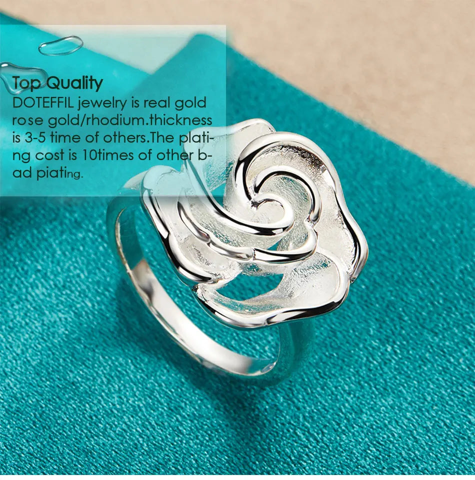 DOTEFFIL 925 Sterling Silver Rose Flower Blossoms Ring For Woman Fashion Wedding Engagement Party Gift Charm Jewelry