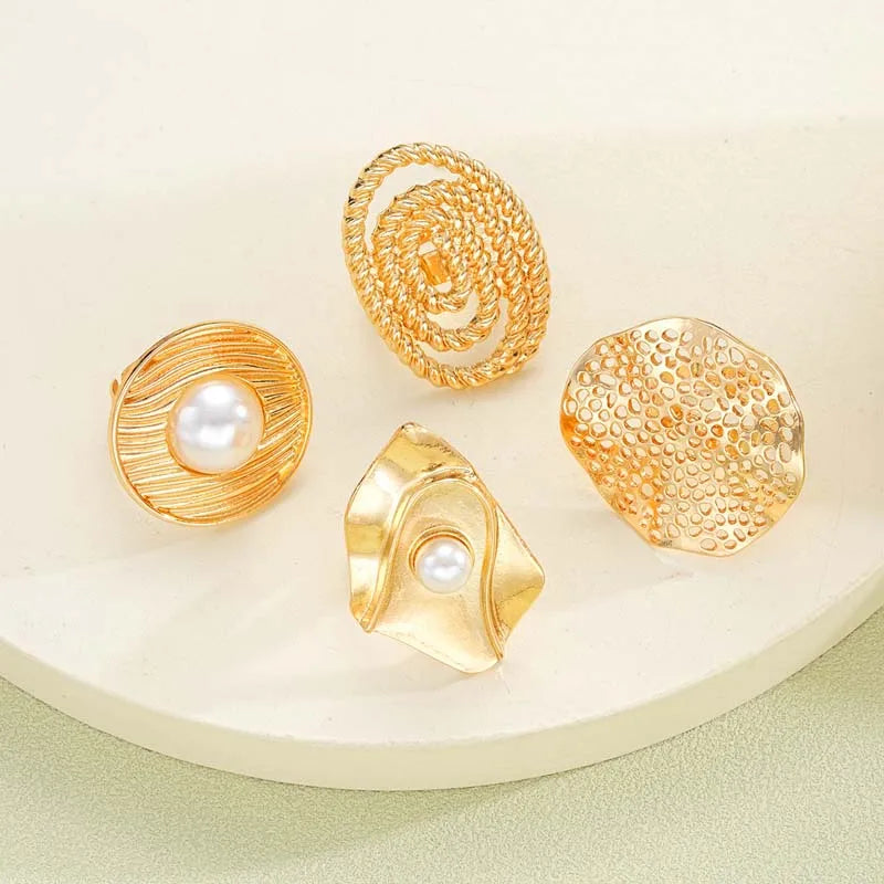 4Pcs/Set Fashion Gold Color Imitation Pearl Flower Chunky Rings Set For Women Exaggerated Metal Hollow Geometric Ring Jewelry