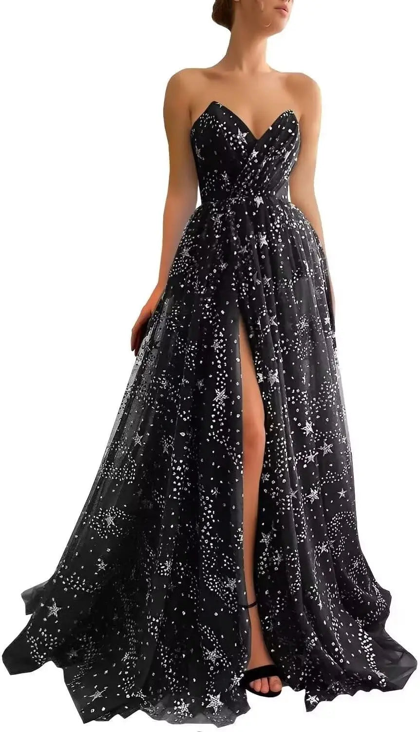 V Neck Women's Sparkle Starry Tulle Prom Dresses Strapless Slit Formal Evening Party Gowns Formal Dress Women Elegant