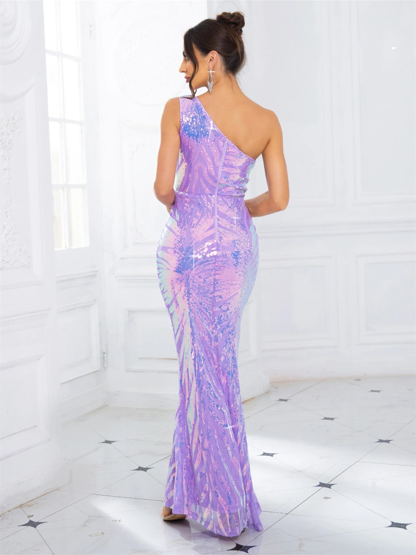 One Shoulder Sleeveless Stretchy Sequined Maxi Dress Evening Prom Night Gown Spring Summer Navy Green