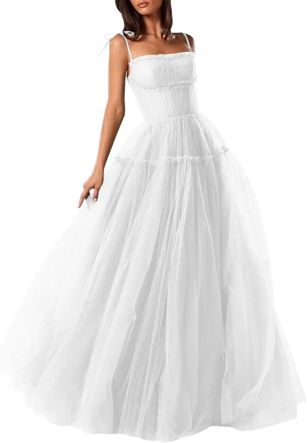 Women's Tulle Prom Dresses Spaghetti Straps Bridesmaid Dresses Long A Line Foraml Evening Party Gowns Tiered Fluffy Skirt Dress