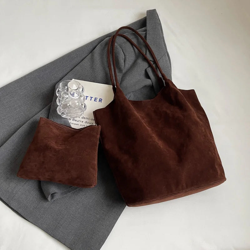 Retro Women's Suede Shoulder Bag New Solid Colors High Capacity Casual Tote Zippered Versatile Sewing Thread for Crafting