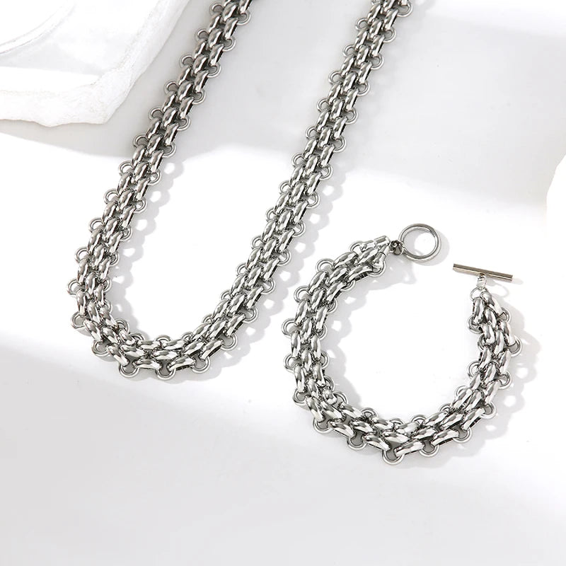 EILIECK 316L Stainless Steel Silver Color Cuban Chain Statement Necklace Bracelet Set Charm Fashion Women Waterproof Jewelry Set