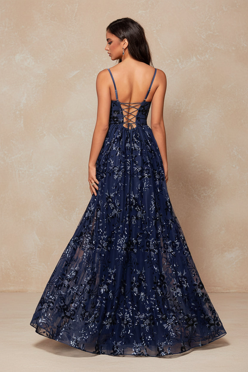 Elegant Sequins Sexy Backless Evening Dress For Women Deep V-neck Prom Party  Dress Floor Length Blue Formal Gowns