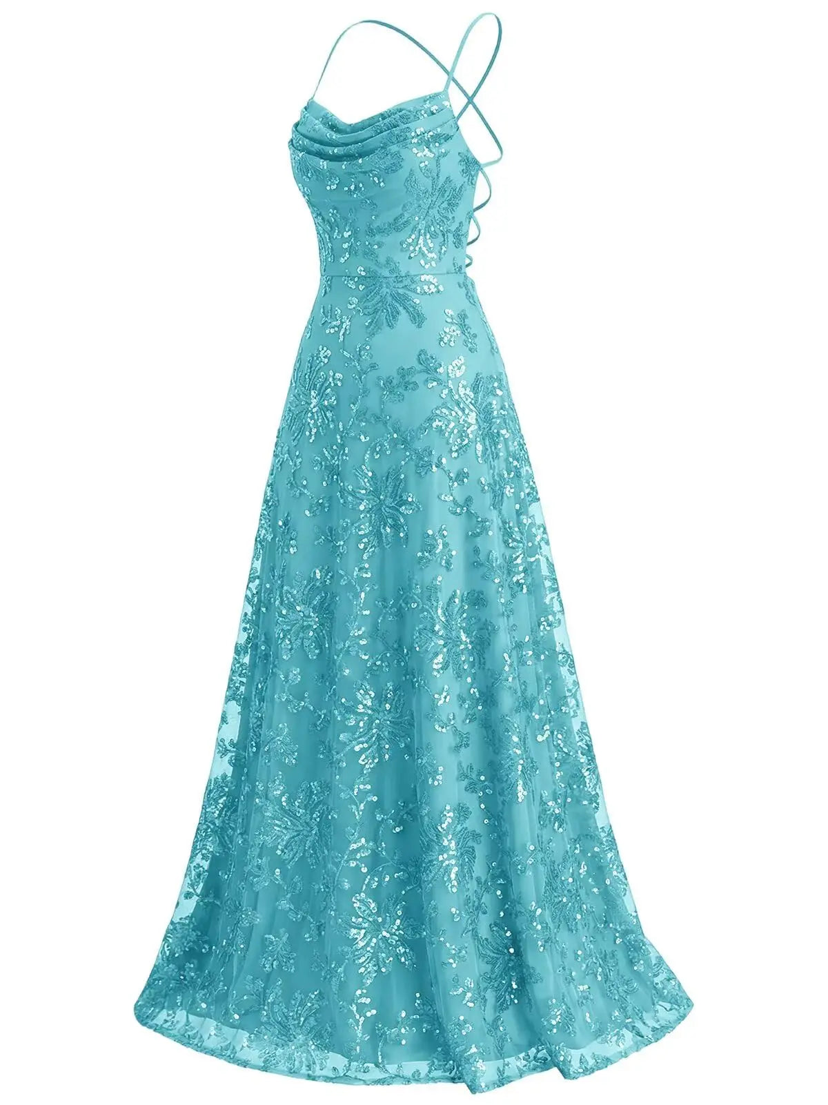 Lace Sequin Backless Spaghetti Strap Long Prom Dresses Women 2026 Sparkly Pleated A Line Formal Evening Ball Gown Party Dresses