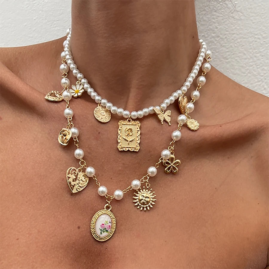 Salircon Exquisite 2Pcs/Set Butterfly Sunflower Heart Pendant Necklace Women luxury Imitation Pearl Charm Trendy Choker Jewelry