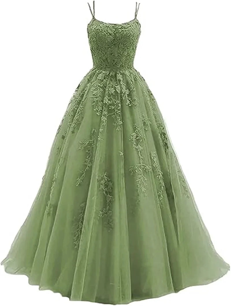 Tulle Spaghetti Straps Prom Dresses Long Lace Appliques Ball Gowns for Women