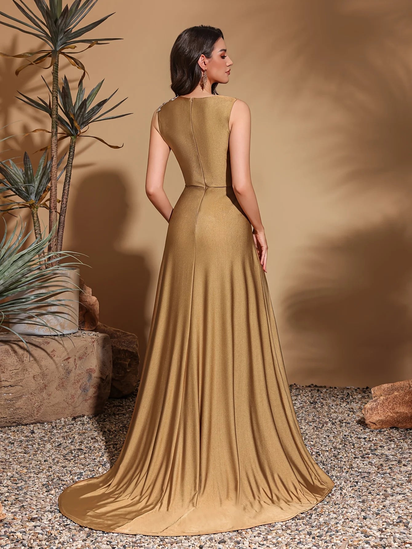 Asymmetrical applique sleeveless round neck slit back floor-length gown, women's long dress, party dress