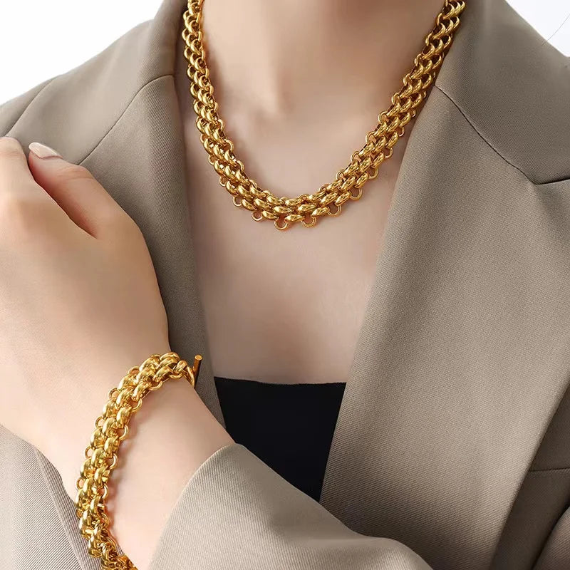 EILIECK 316L Stainless Steel Silver Color Cuban Chain Statement Necklace Bracelet Set Charm Fashion Women Waterproof Jewelry Set