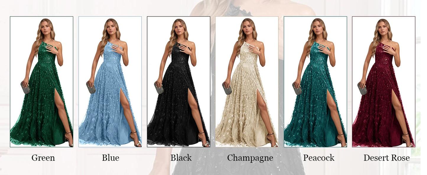 Lace Embroidered sequins Prom Dresses for Women One Shoulder Formal Party Dress Sleeveless Maxi Evening Gown with Slit