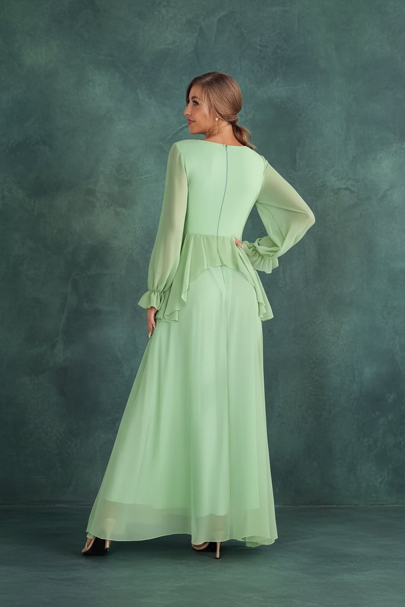 V-Neck Long Sleeve Chiffon Evening Dress