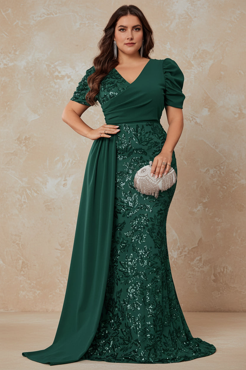 Plus Size Elegant V-neck Sequins Evening Dress Women Short Sleeves Mermaid Formal Luxury Party Streamer Prom Dress