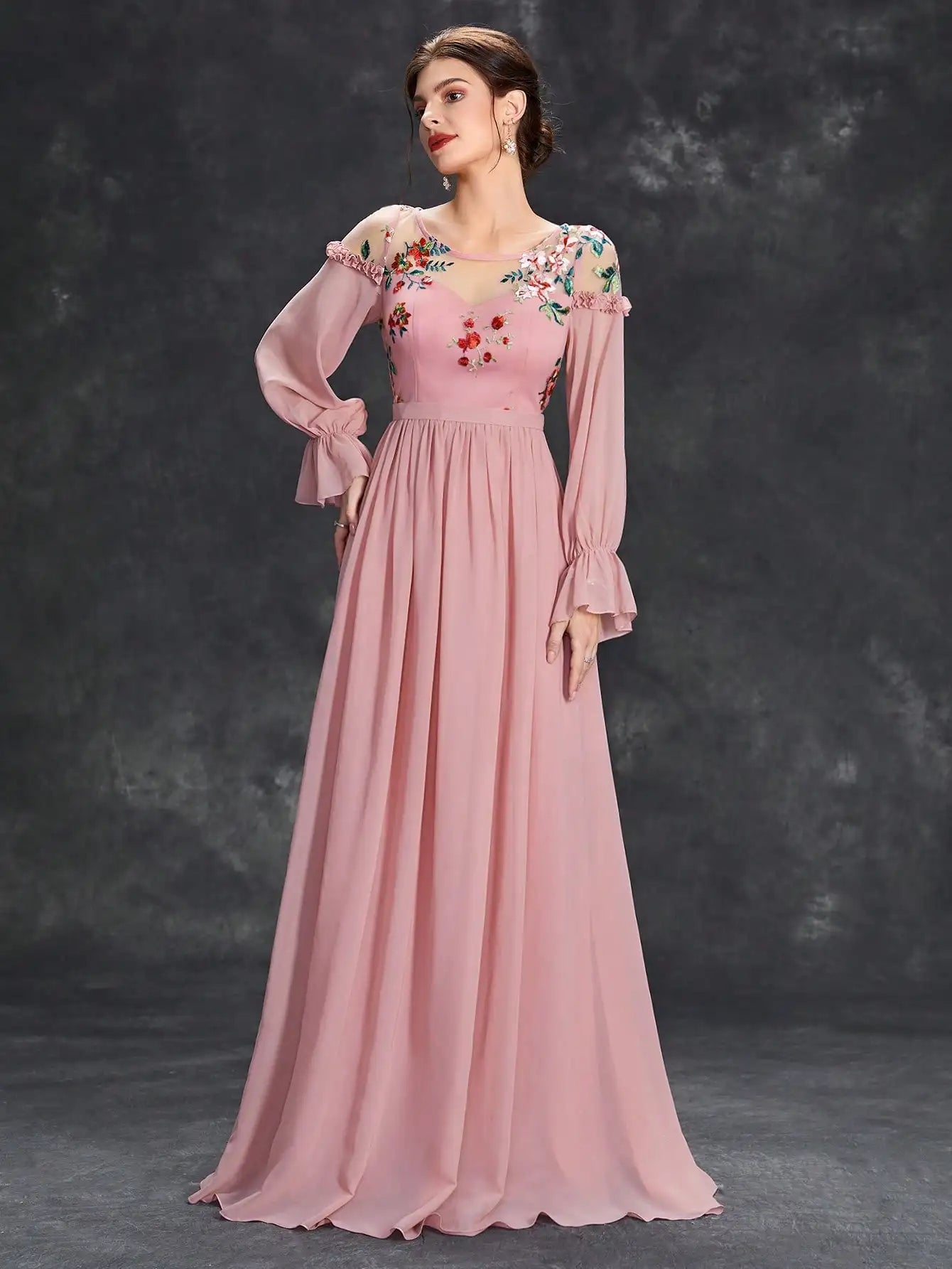 Mgiacy Round neck Color embroidered half-through chiffon chiffon long sleeve dress Ball Dress Party dress Bridesmaid dress