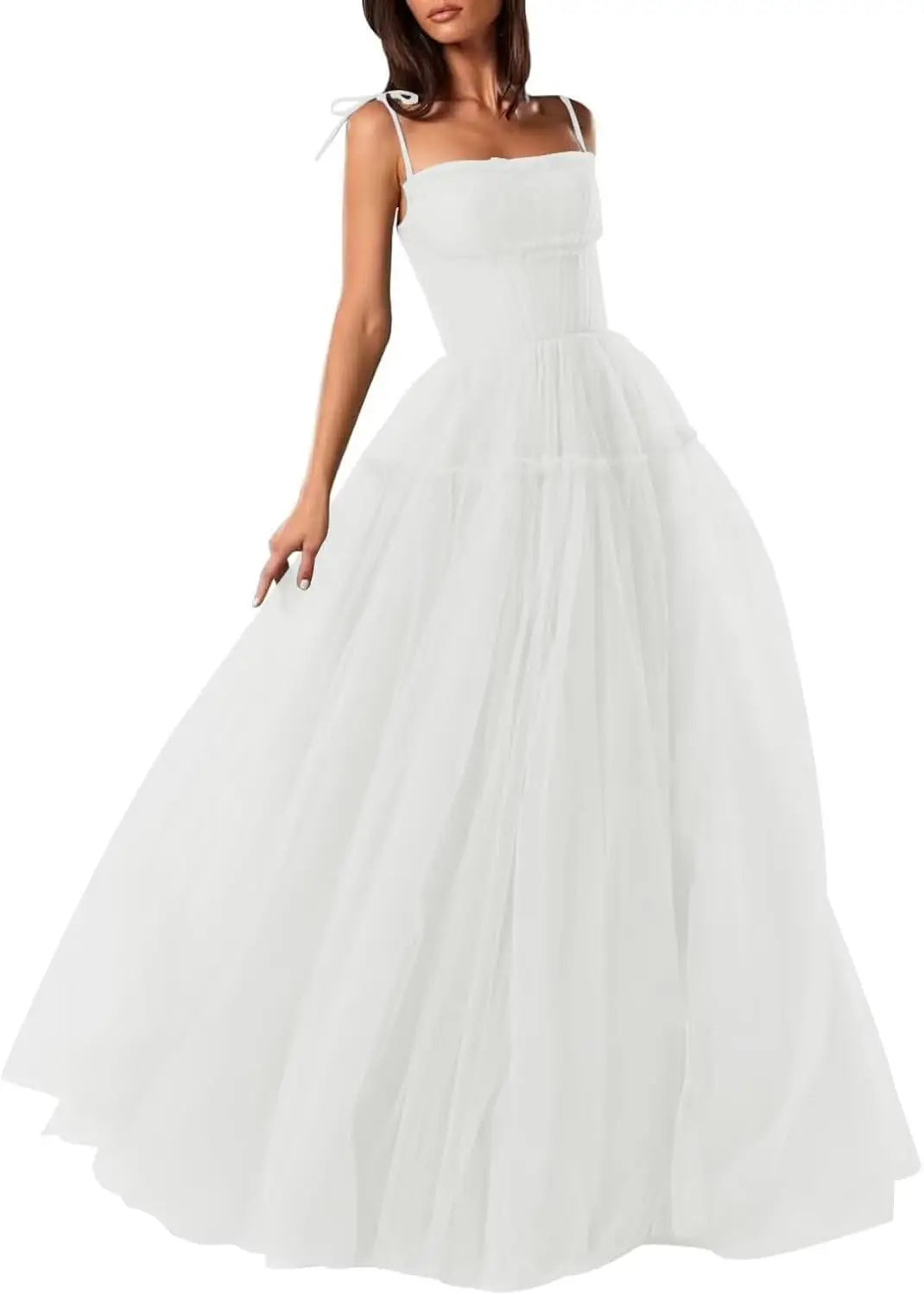 Women's Tulle Prom Dresses Spaghetti Straps Bridesmaid Dresses Long A Line Foraml Evening Party Gowns Tiered Fluffy Skirt Dress