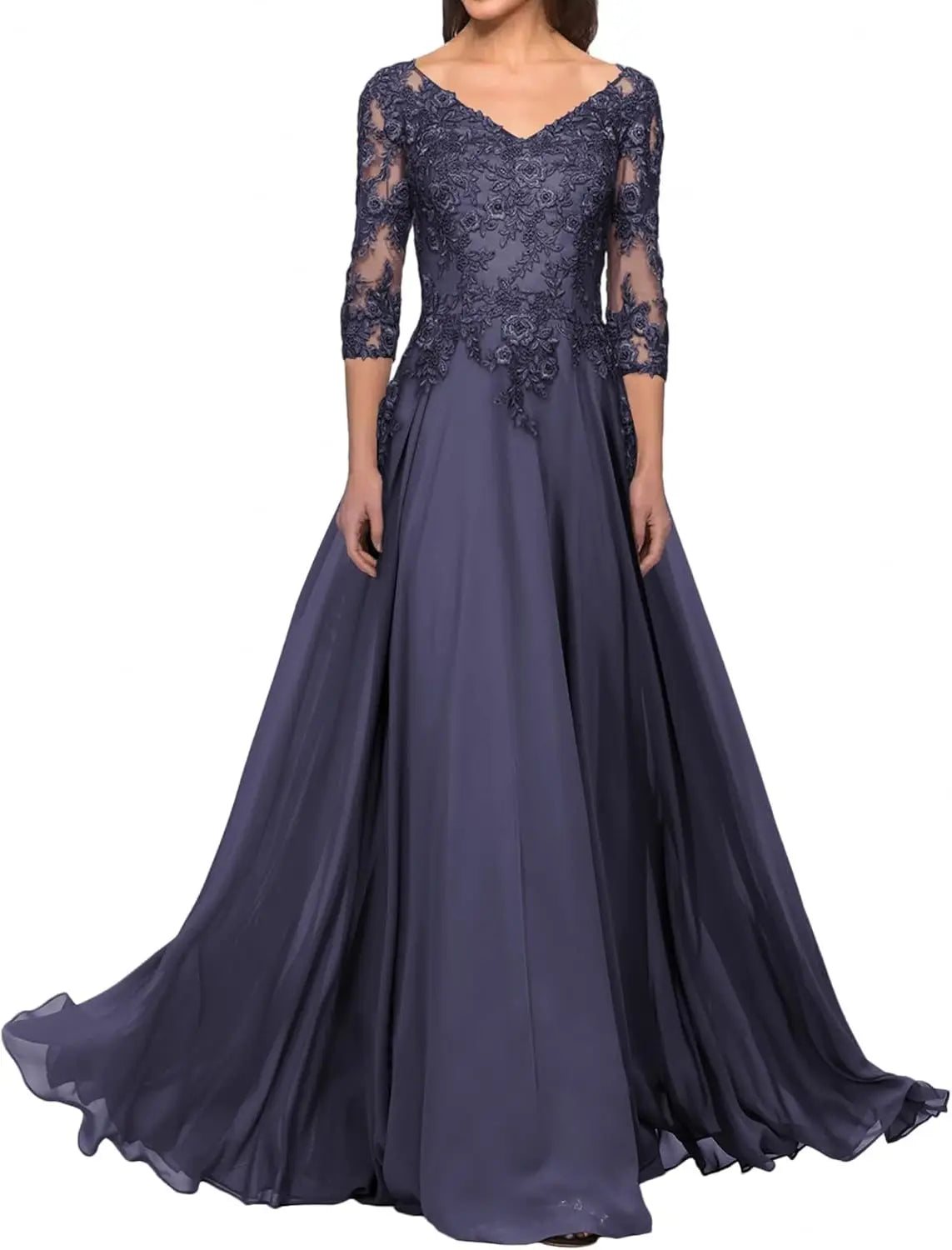Elegant V Neck Lace Applique 3/4 Sleeve Mother of The Bride Dresses Chiffon A-Line Formal Evening Party Gowns